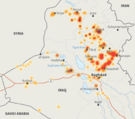 •	Mapa 1: Útoky ISIS v Iráku v červenci-září 2020 (Lead Inspector General Report, Operation Inherent Resolve, 2020)